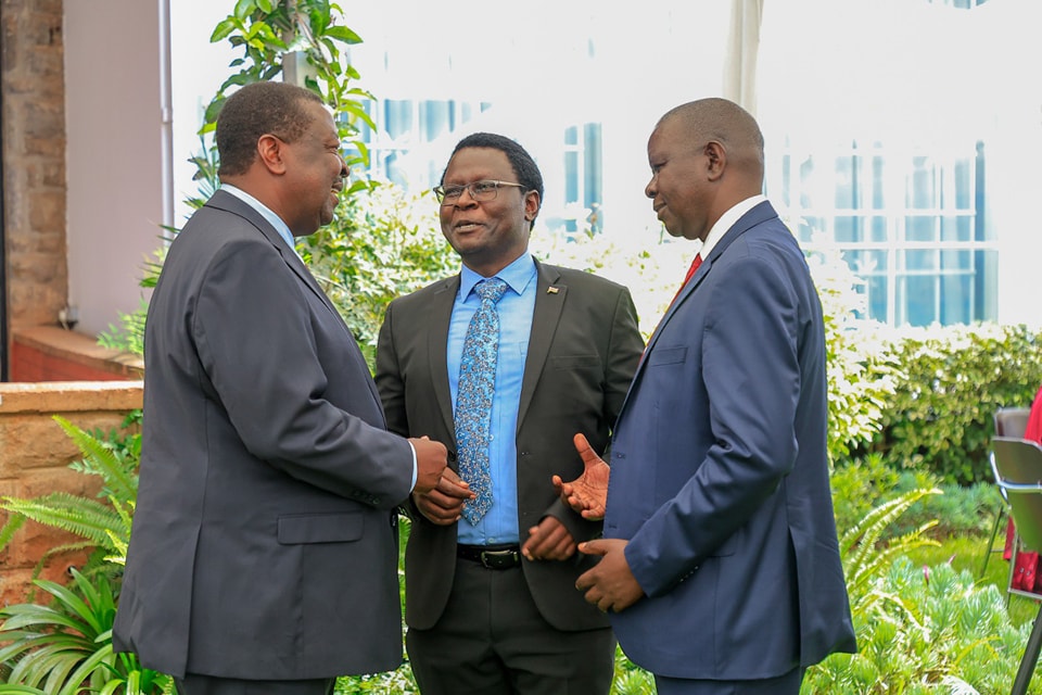 The Ag Executive Director of GLOCEPS , Dr. Ken Asembo and Resident Research Fellow, Foreign Policy , Mr Wilfred Muliro (Centre) briefing the Prime Cabinet Secretary of the Republic of Kenya,  H.E (DR) Musalia Mudavadi on the programmes of GLOCEPS and potential areas of collaboration.