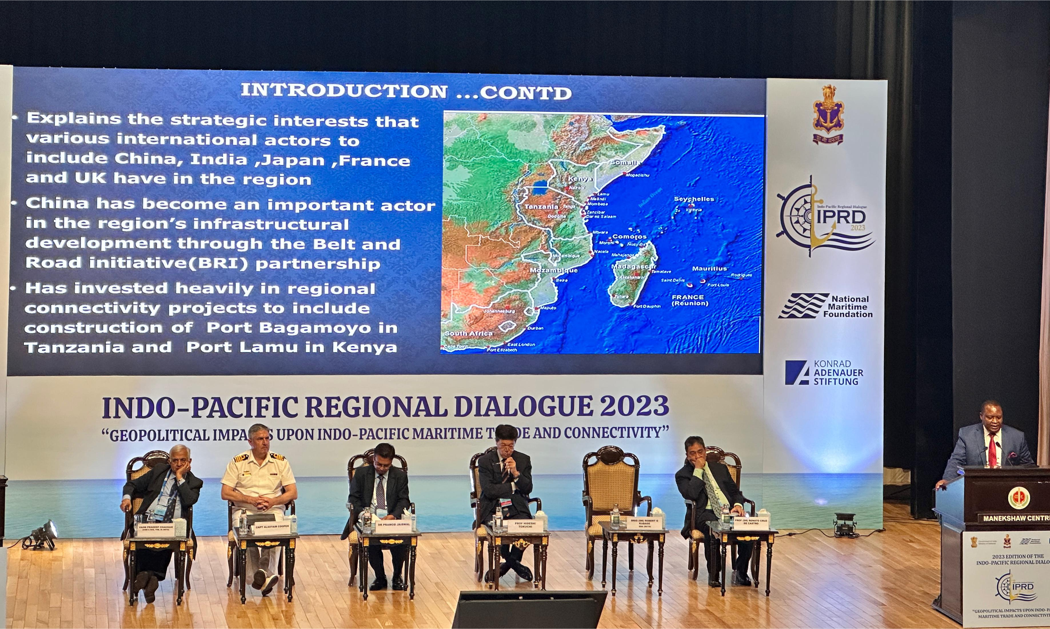 The GLOCEPS Executive Director, Brig (Rtd) Dr. Robert Kabage, PhD, EBS delivers a presentation on "Analysis of Chinese Port-development along the Eastern Coast of Africa: (Case Study of Lamu Port)" at the 2023 Edition of the Indo-Pacific Regional Dialogue 15-17th November 2023 New Delhi, India