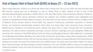 Visit of Deputy Chief of Naval Staff (DCNS) to Kenya (21 – 23 Jun 2023)